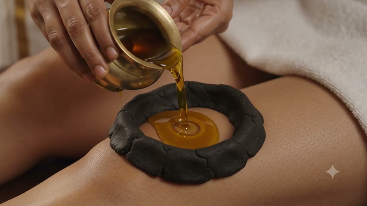 Kati Basti — warm medicated oil pooled over the spine