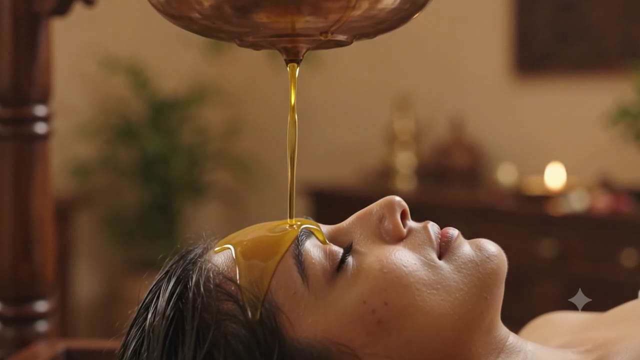 Shirodhara — warm medicated oil poured over the forehead