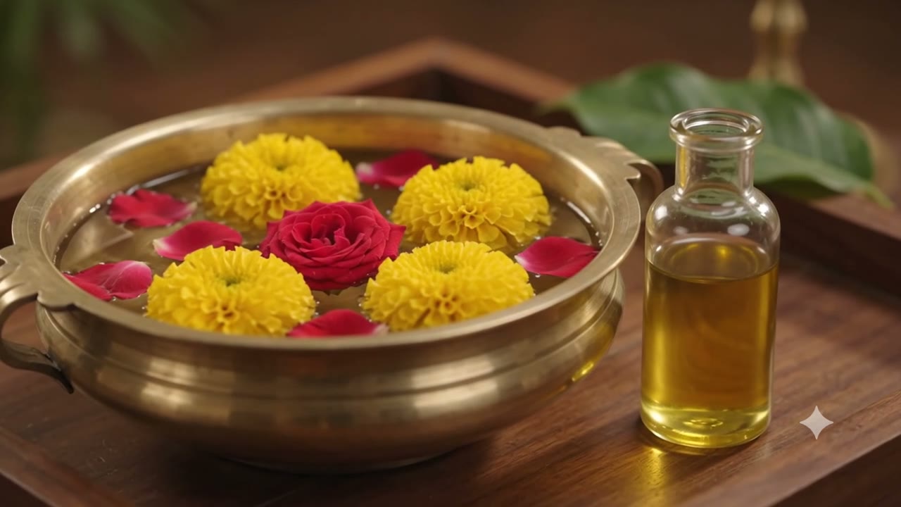 Traditional urli with flowers and herbal oil